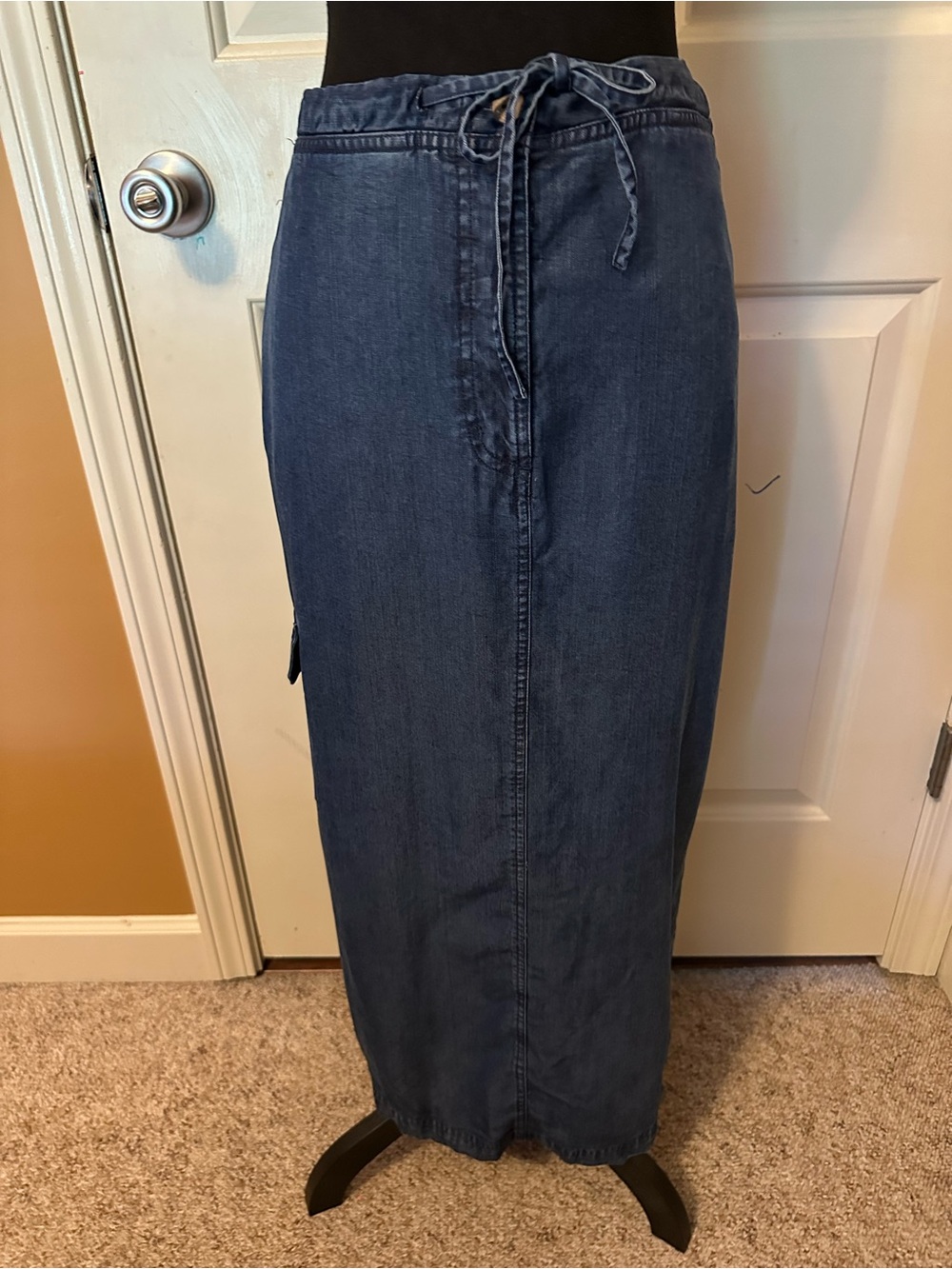 Linden Dark Blue Denim Maxi Skirt with Tie Waist